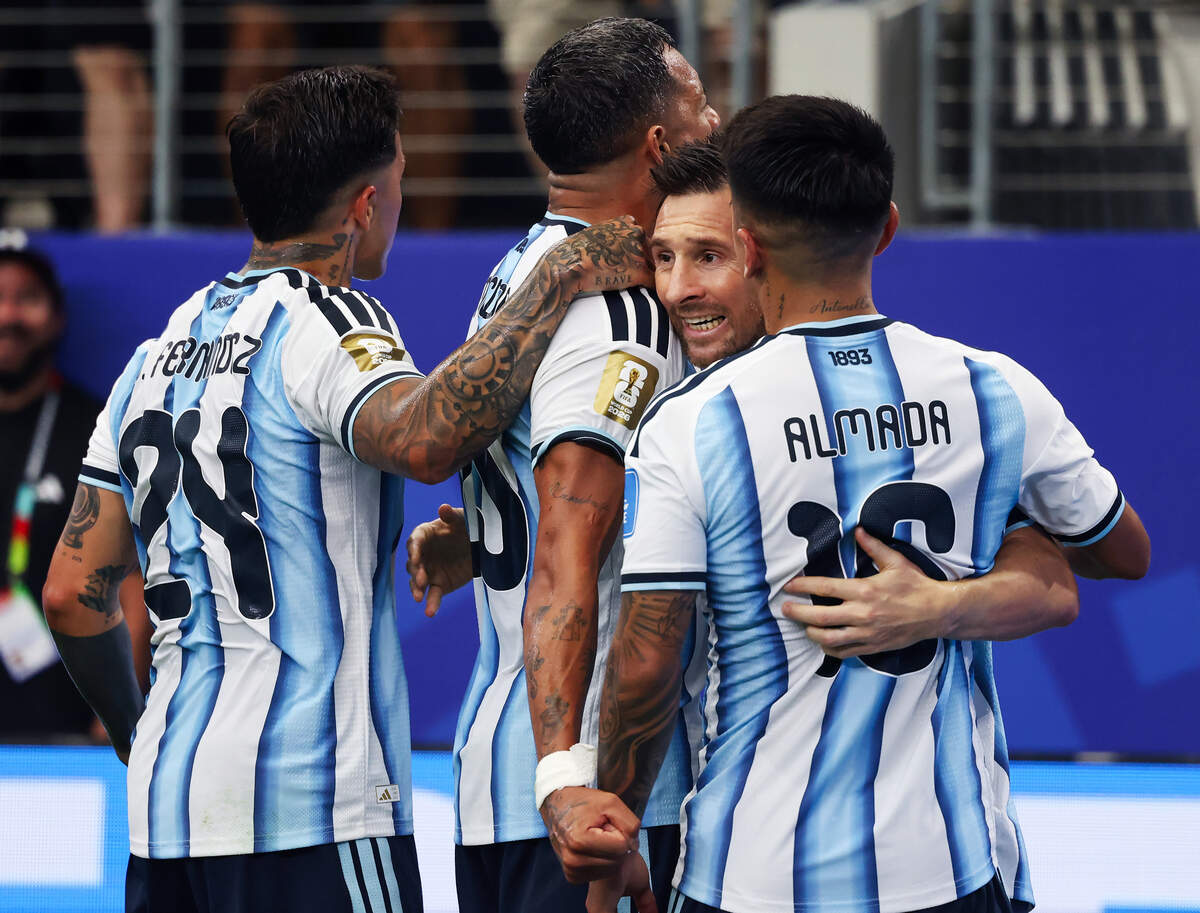 Argentina forward Lionel Messi celebrates a goal with teammates during the FIFA World Cup 2026 matchup against Austria on Monday, June 22, 2026, at Dallas Stadium in Arlington. The goal was number 17 for Messi in the World Cup, an all-time record.